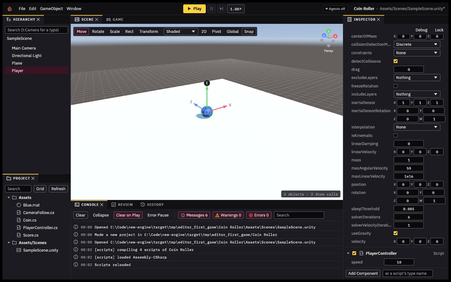 The Player selected: its Rigidbody and the PlayerController script in the Inspector, the scripts in the Project pane, Scripts reloaded in the Console
