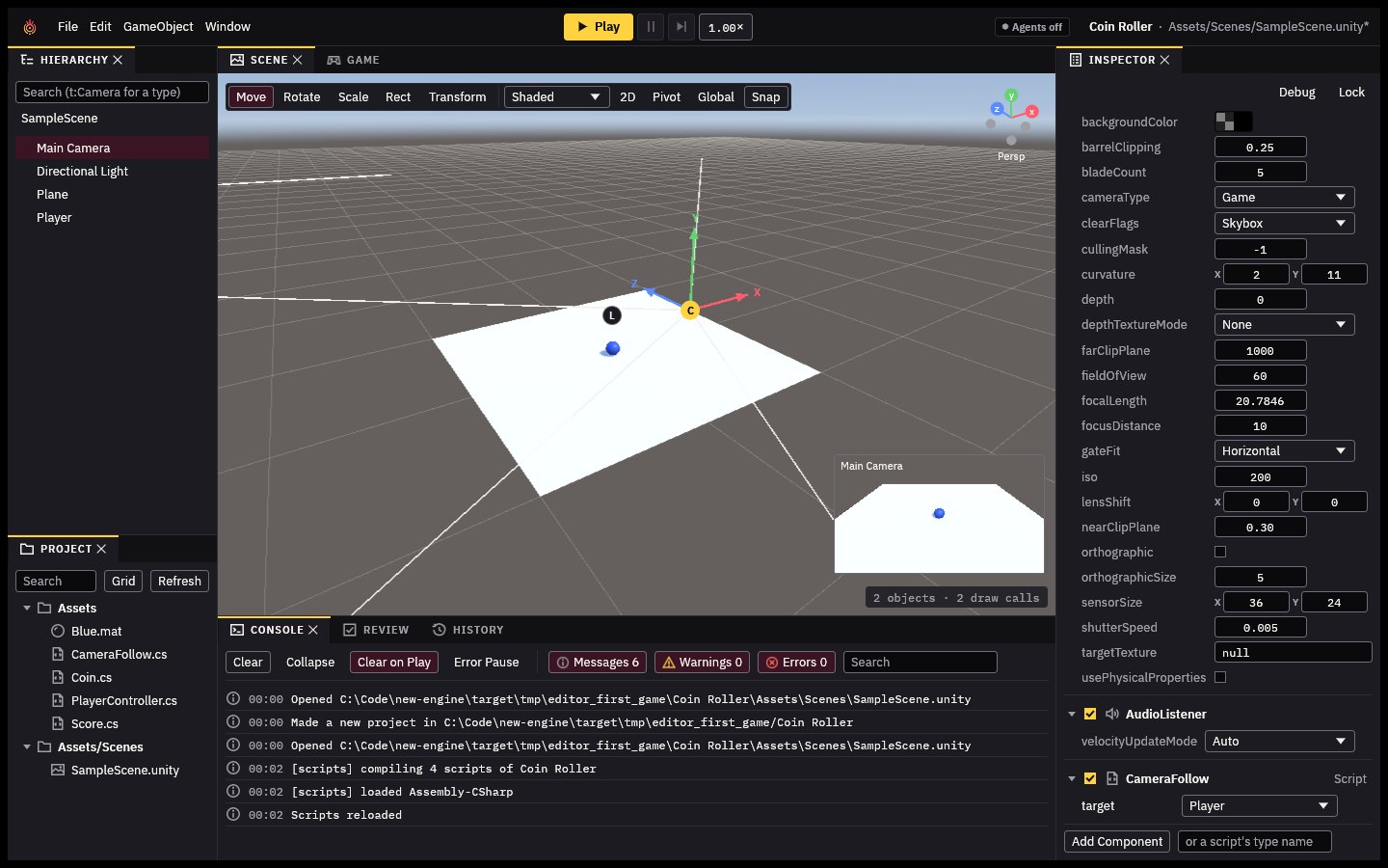 Main Camera selected, with CameraFollow's target set to Player