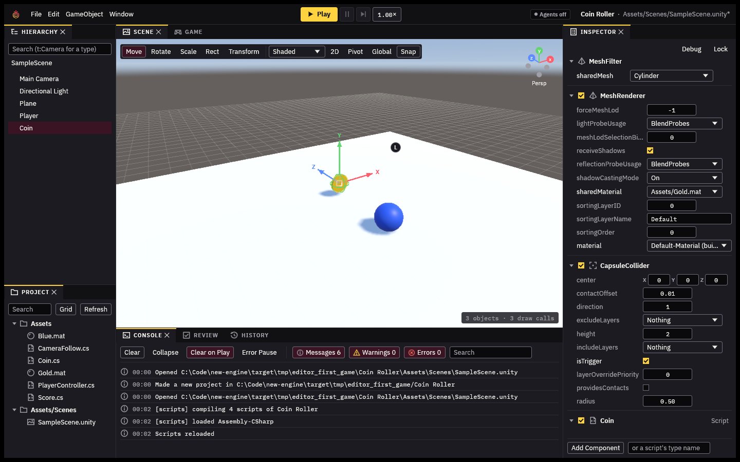The coin selected: its CapsuleCollider with isTrigger ticked, and the Coin script