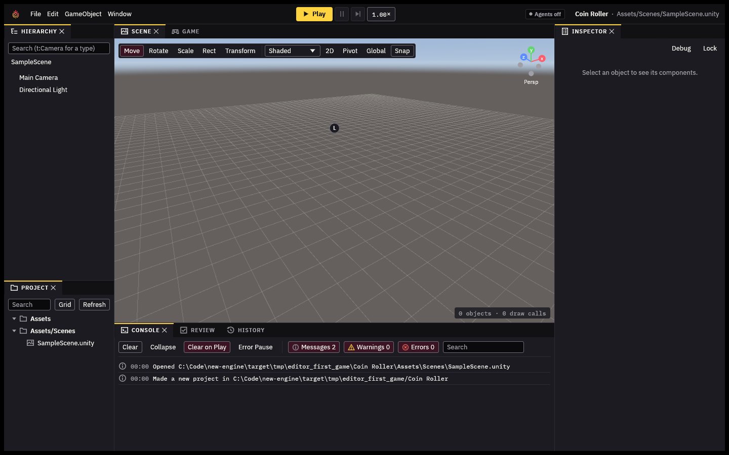 A new project in the editor: SampleScene with its Main Camera and Directional Light
