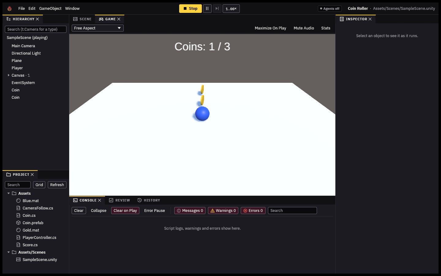 Playing: the score reads Coins: 1 / 3
