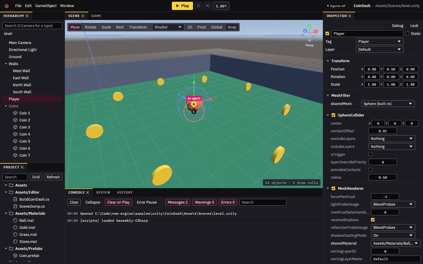 The Tassix editor: Hierarchy, Scene view, Inspector, Project and Console panes